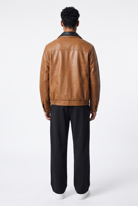 Warm Brown Snap-Down Collar Faux Leather Jacket
