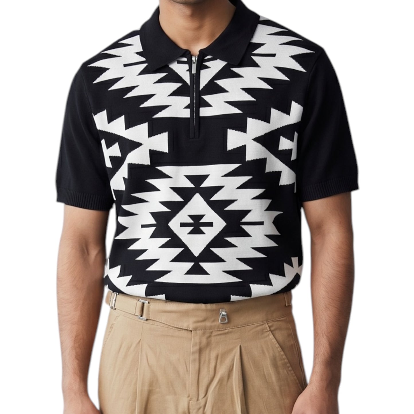 Geometric Jacquard Pattern-Quarter-Zip Knit Polo Shirt