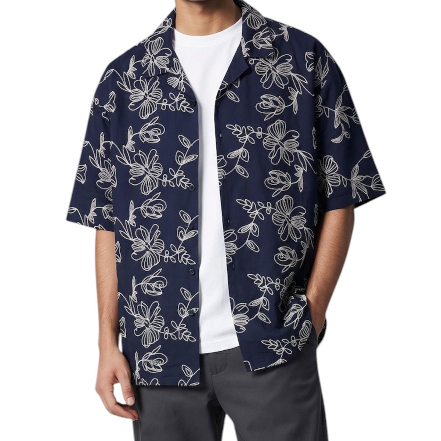 Floral Line-Art Embroidery-Cuban Collar Shirt