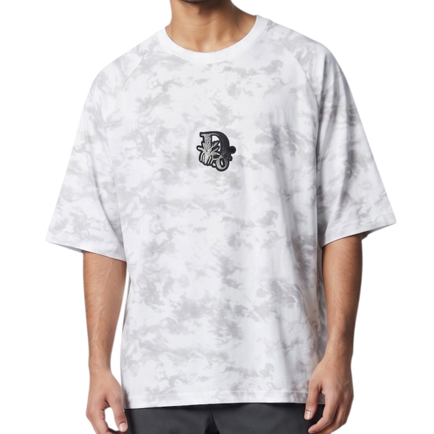 Embroidered Patch Mottled Grey -Oversized Raglan Tshirt