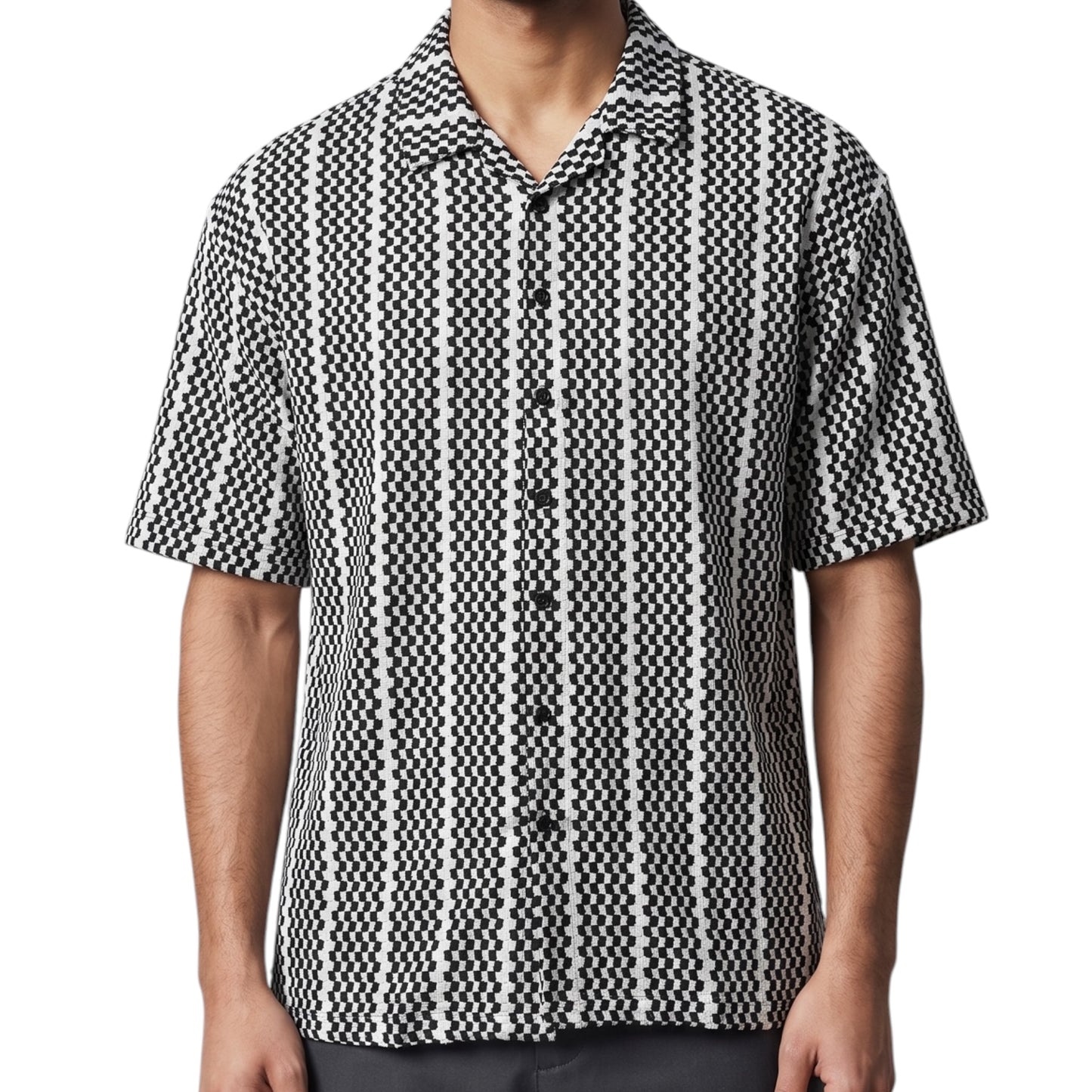 Checkerboard Textured Knit Button-down Shirt