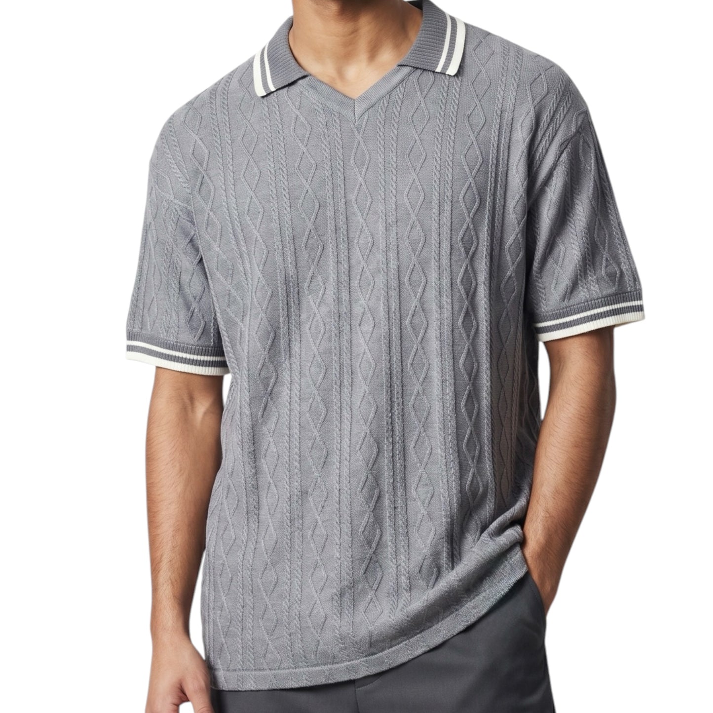 Cable-Knit Johnny Collar Grey Polo