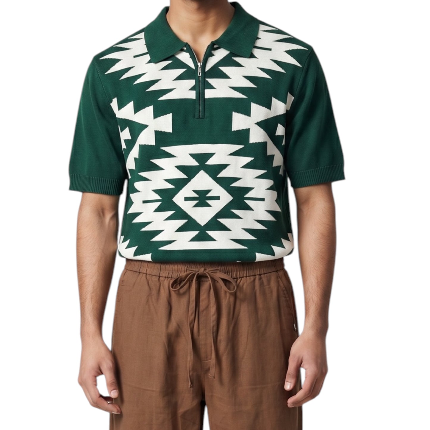 Green Geometric Jacquard Pattern-Quarter-Zip Knit Polo Shirt