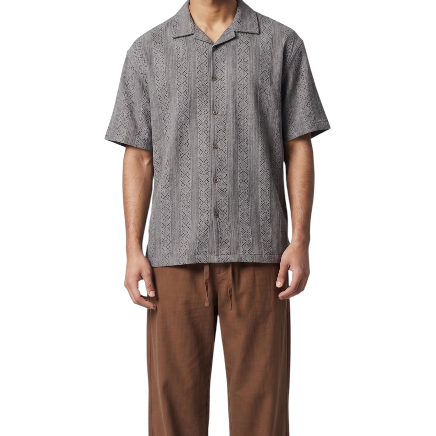 Grey Earth Tone Lace-Knit Cuban Collar -Shirt