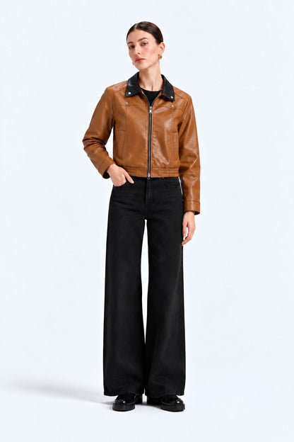Warm Brown Snap-Down Collar Faux Leather Jacket