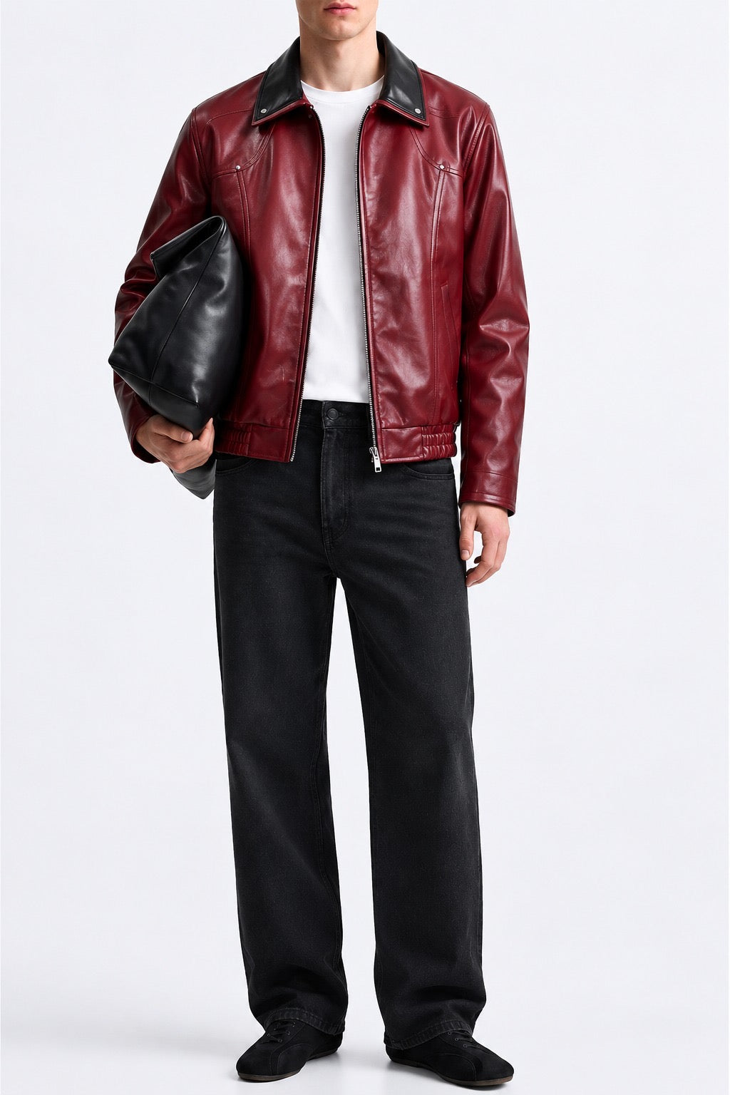 Burgundy Snap-Down Collar Faux Leather Jacket