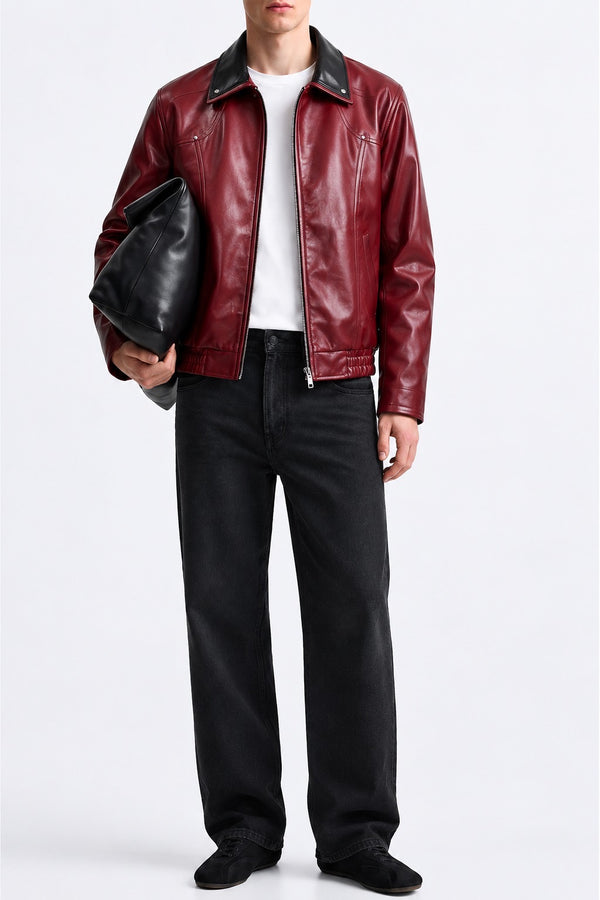 Burgundy Snap-Down Collar Faux Leather Jacket