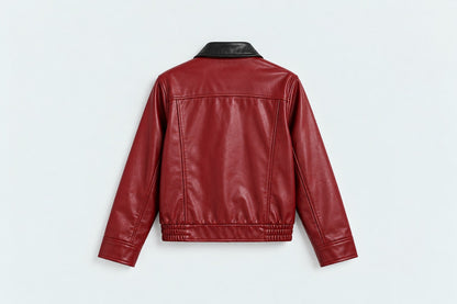 Burgundy Snap-Down Collar Faux Leather Jacket