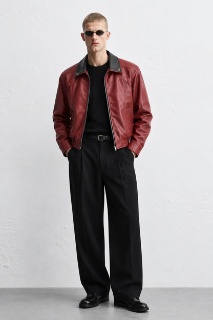 Burgundy Snap-Down Collar Faux Leather Jacket
