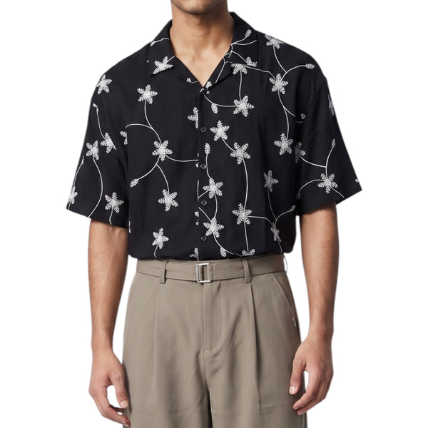 Snowflake Embroidered Cuban Collar Shirt