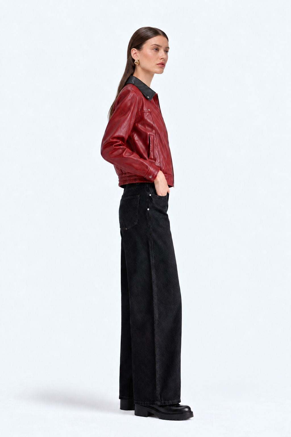 Burgundy Snap-Down Collar Faux Leather Jacket