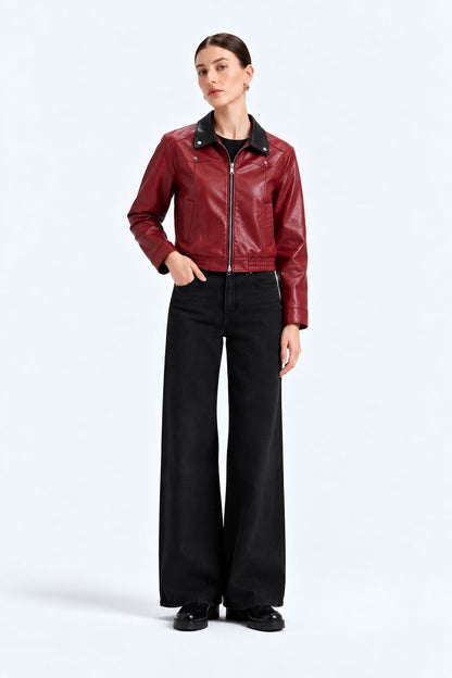 Burgundy Snap-Down Collar Faux Leather Jacket