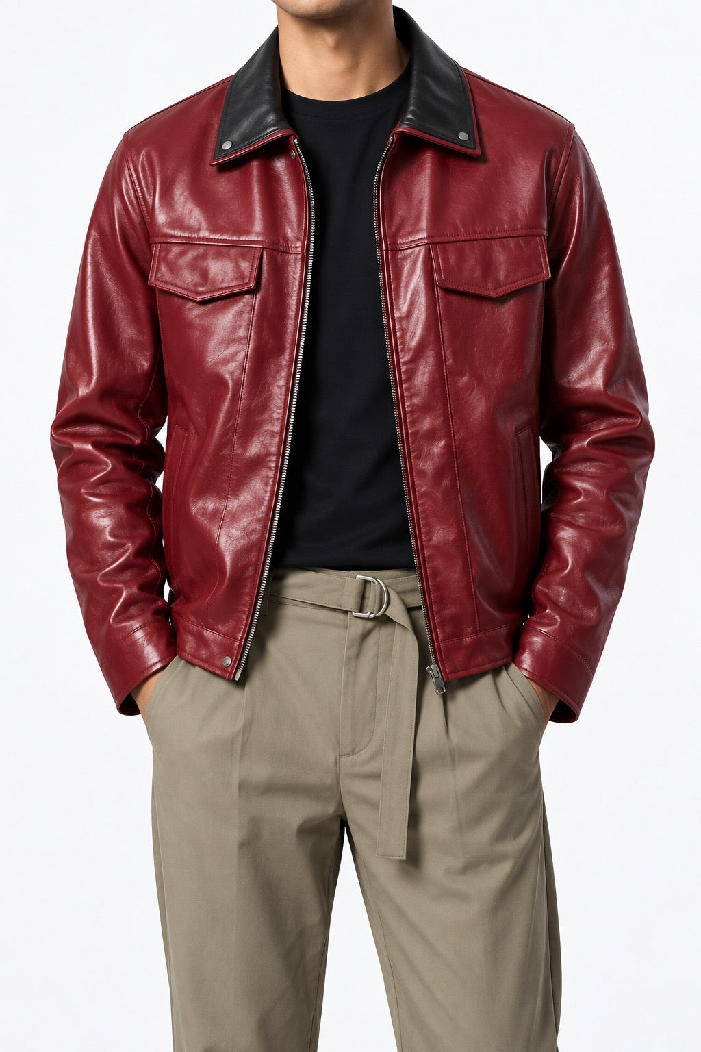 Burgundy Snap-Down Collar Faux Leather Jacket
