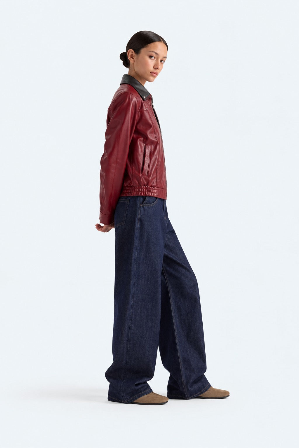 Burgundy Snap-Down Collar Faux Leather Jacket