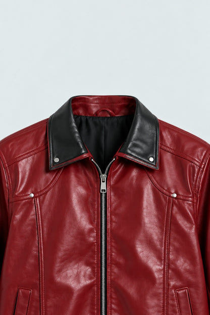Burgundy Snap-Down Collar Faux Leather Jacket