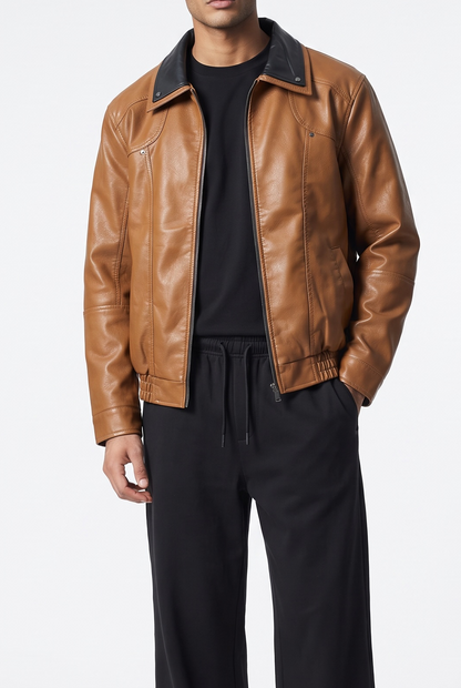Warm Brown Snap-Down Collar Faux Leather Jacket