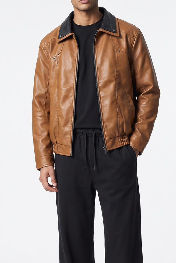 Warm Brown Snap-Down Collar Faux Leather Jacket
