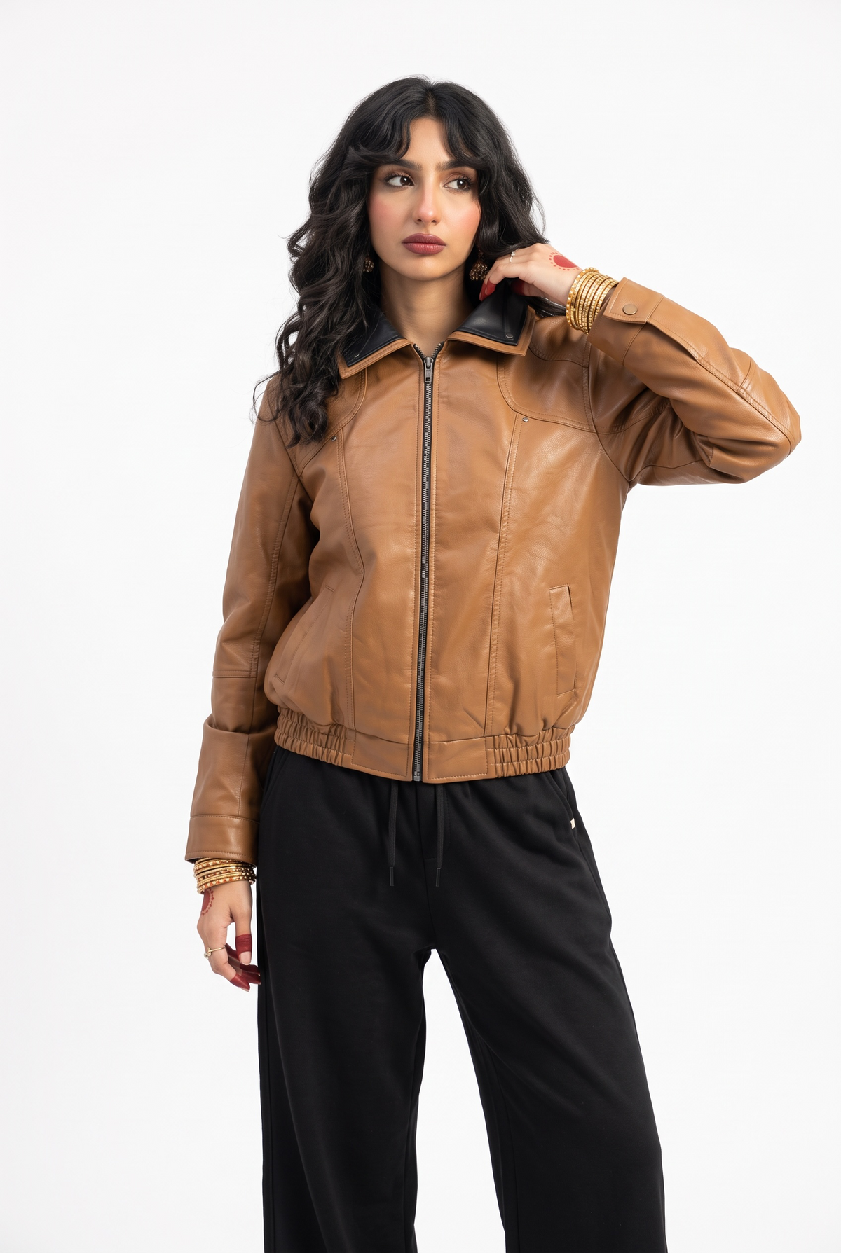 Warm Brown Snap-Down Collar Faux Leather Jacket