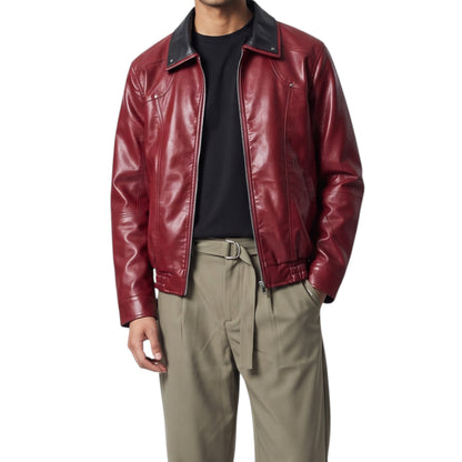Burgundy Snap-Down Collar Faux Leather Jacket