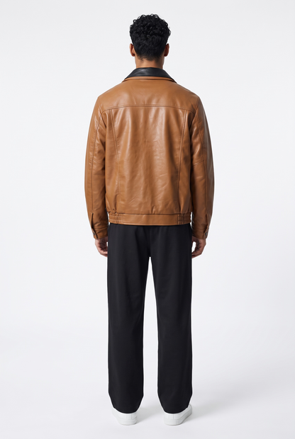 Warm Brown Snap-Down Collar Faux Leather Jacket