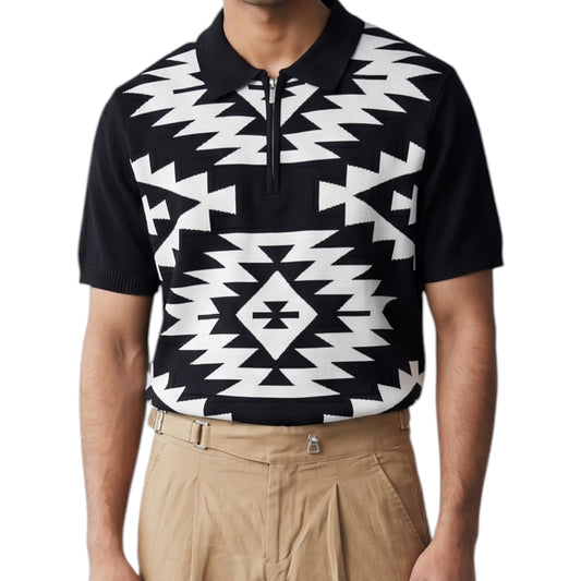 Geometric Jacquard Pattern-Quarter-Zip Knit Polo Shirt