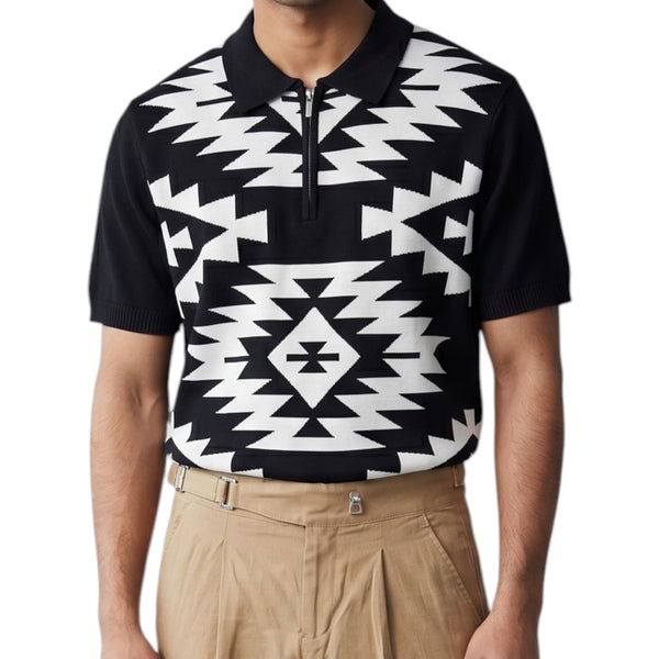 Geometric Jacquard Pattern-Quarter-Zip Knit Polo Shirt