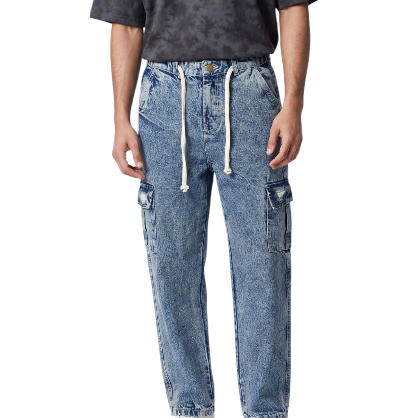 Elasticated Drawstring Acid Wash Cargo Denim