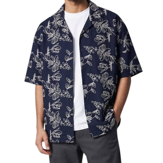 Floral Line-Art Embroidery-Cuban Collar Shirt