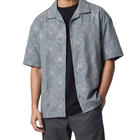 Slate Blue Floral Embroidered -Cuban Collar Shirt