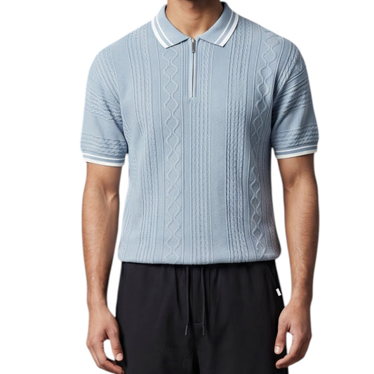 Light Blue Cable-Knit Quarter-Zip Polo