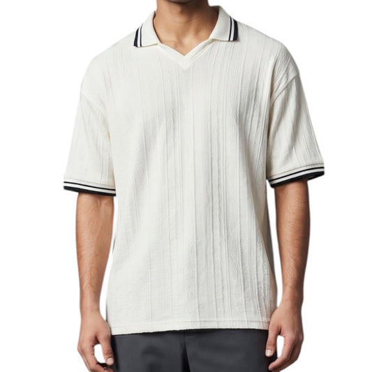 Cream Textured Knit Johnny Collar Polo