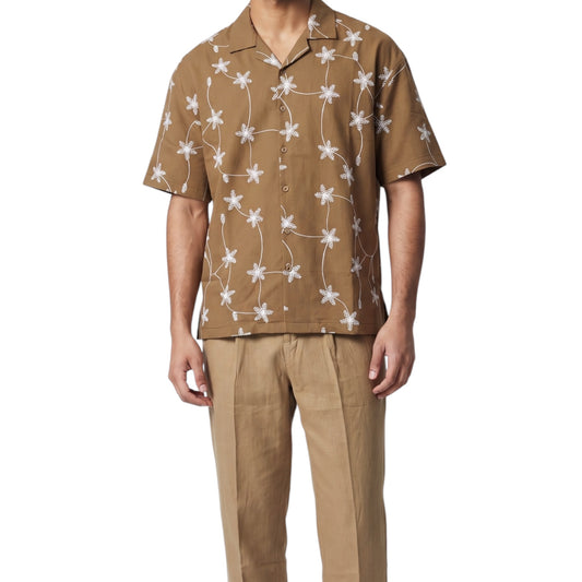 Camel Starry Embroidered Cuban -Shirt