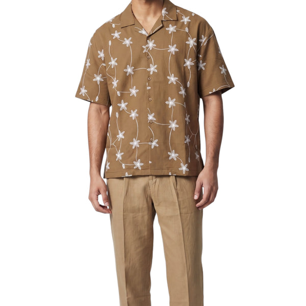 Camel Starry Embroidered Cuban -Shirt