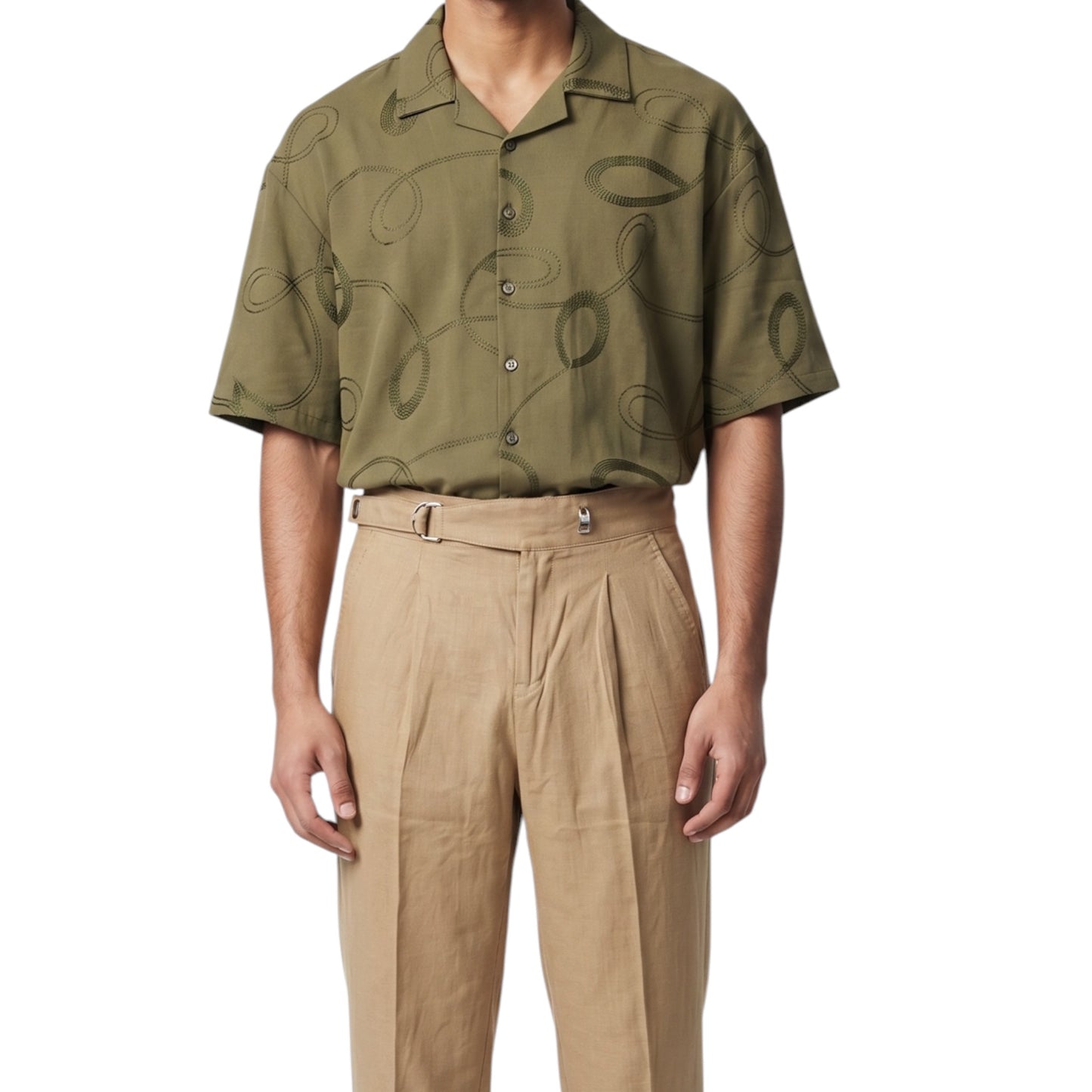 Embroidered Swirl Pattern Olive Cuban Collar -Shirt