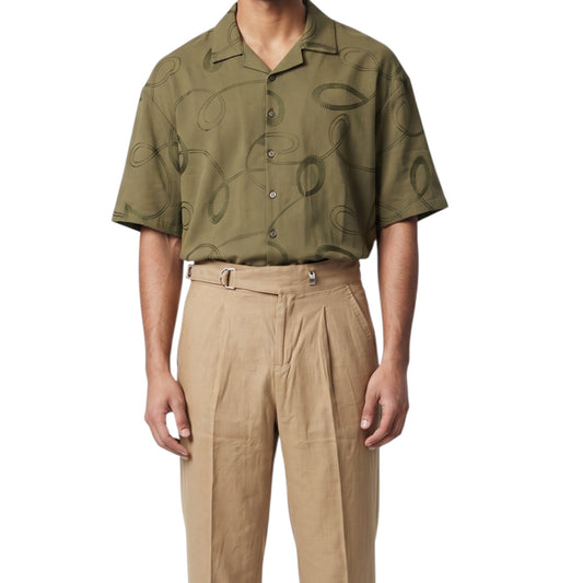 Embroidered Swirl Pattern Olive Cuban Collar -Shirt