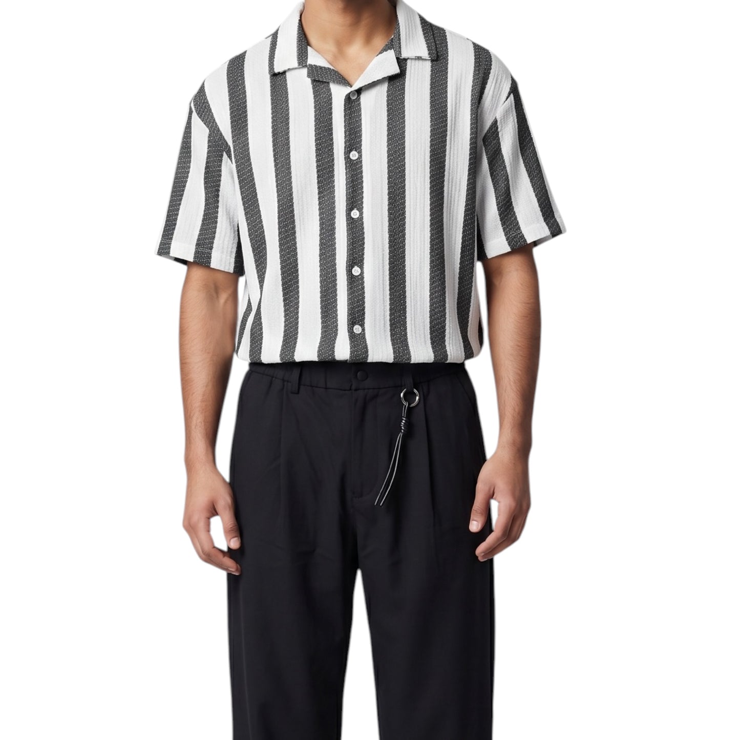 Slate Grey Vertical Striped Cuban Collar -Shirt
