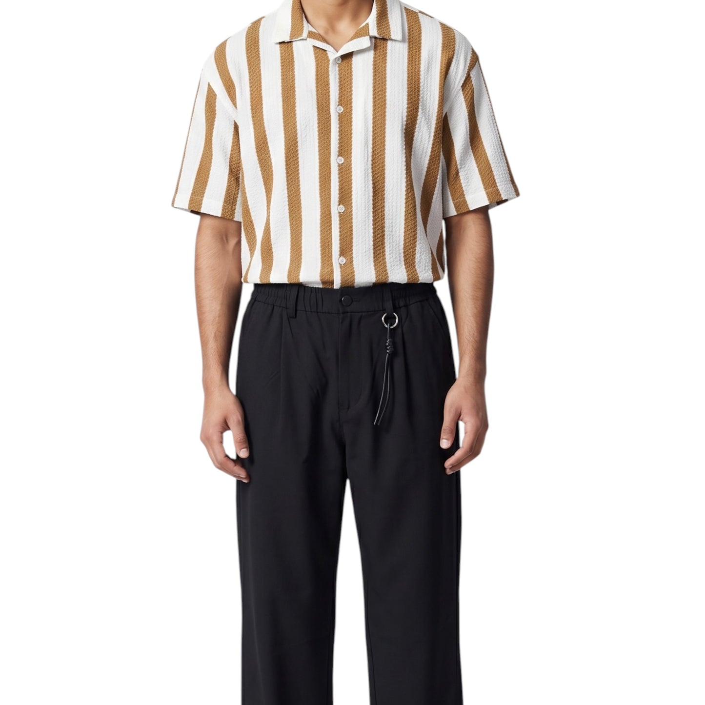 Caramel Vertical Striped Cuban Collar -Shirt