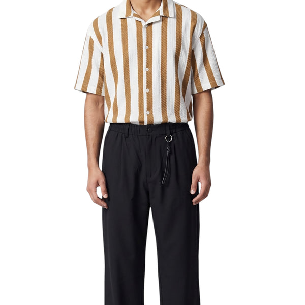 Caramel Vertical Striped Cuban Collar -Shirt