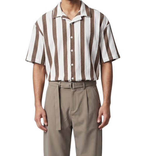 Coffee Brown Vertical Striped Cuban Collar -Shirt