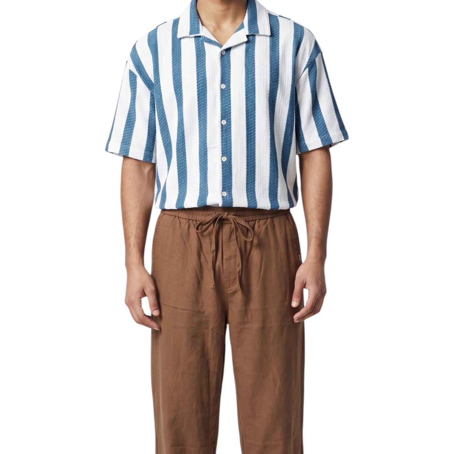 Steel Blue Vertical Striped Cuban Collar -Shirt