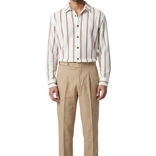 White Long-Sleeve Textured Knit Button-Down