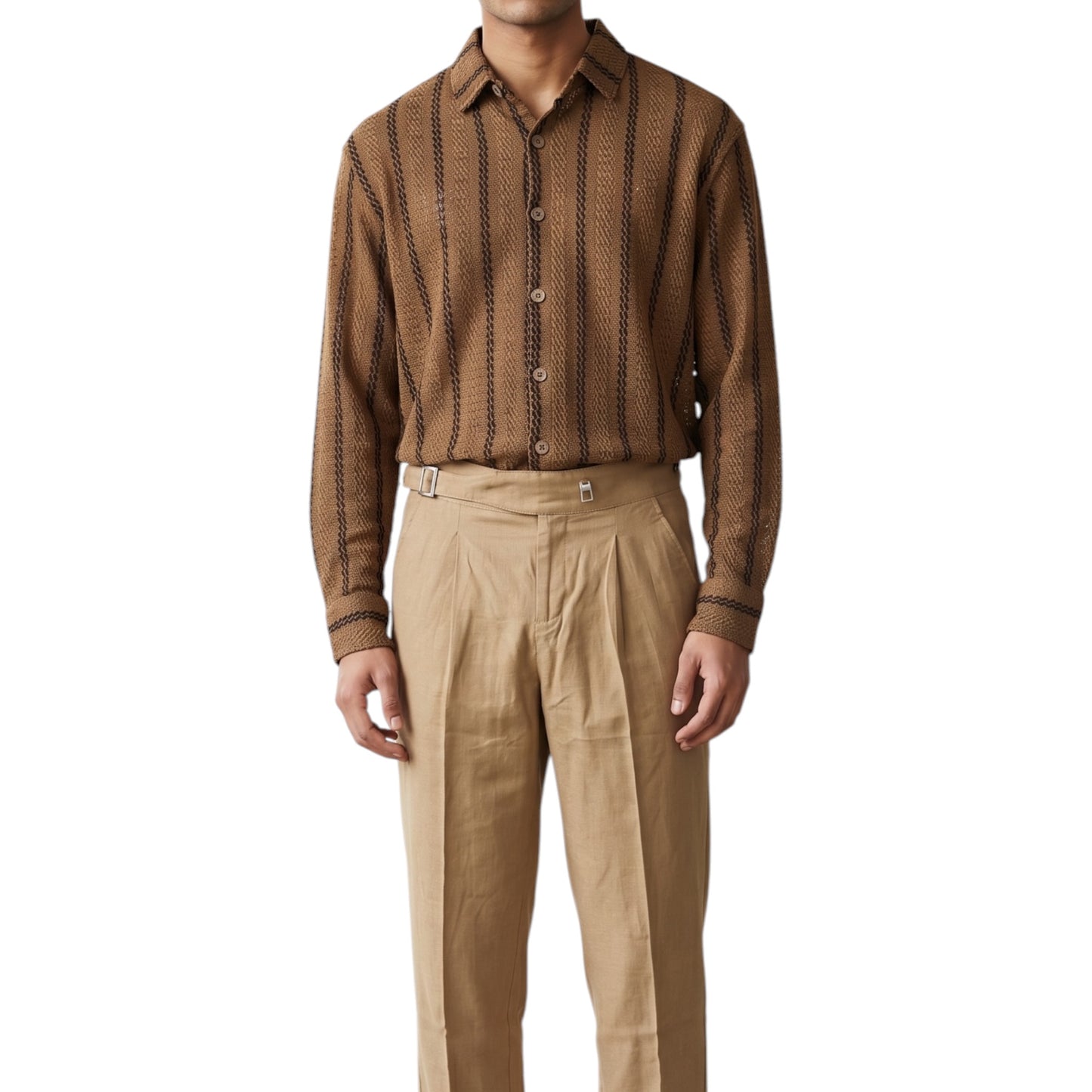Long-Sleeve BrownTextured Knit Button-Down Shirt