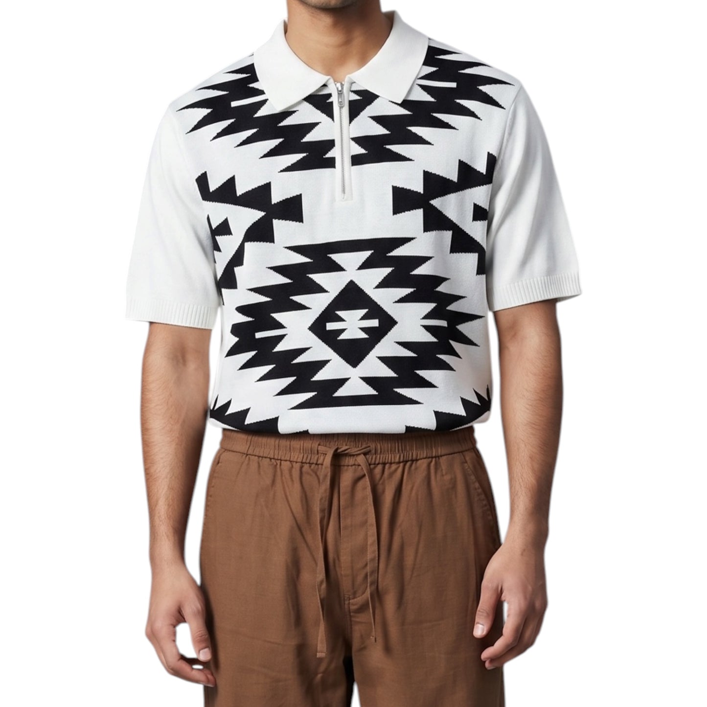 White Geometric Jacquard Pattern-Quarter-Zip Knit Polo Shirt