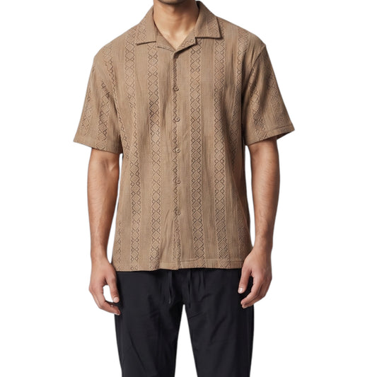 Earth Tone Lace-Knit Cuban Collar -Shirt