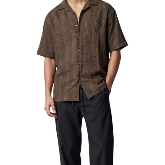 Dark Brown Lace-Knit Cuban Collar -Shirt