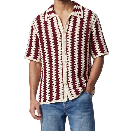 Burgundy & Cream Crochet Knit Shirt