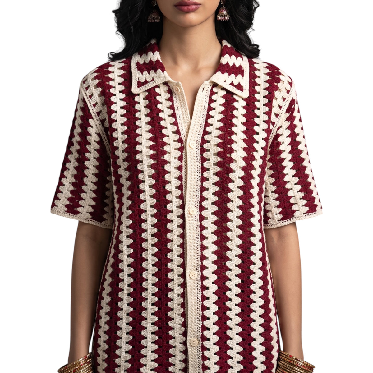 Burgundy & Cream Crochet Knit Shirt