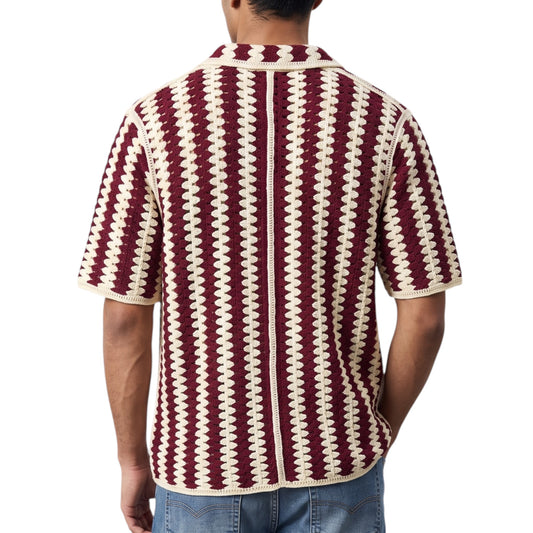 Burgundy & Cream Crochet Knit Shirt