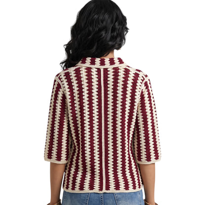 Burgundy & Cream Crochet Knit Shirt